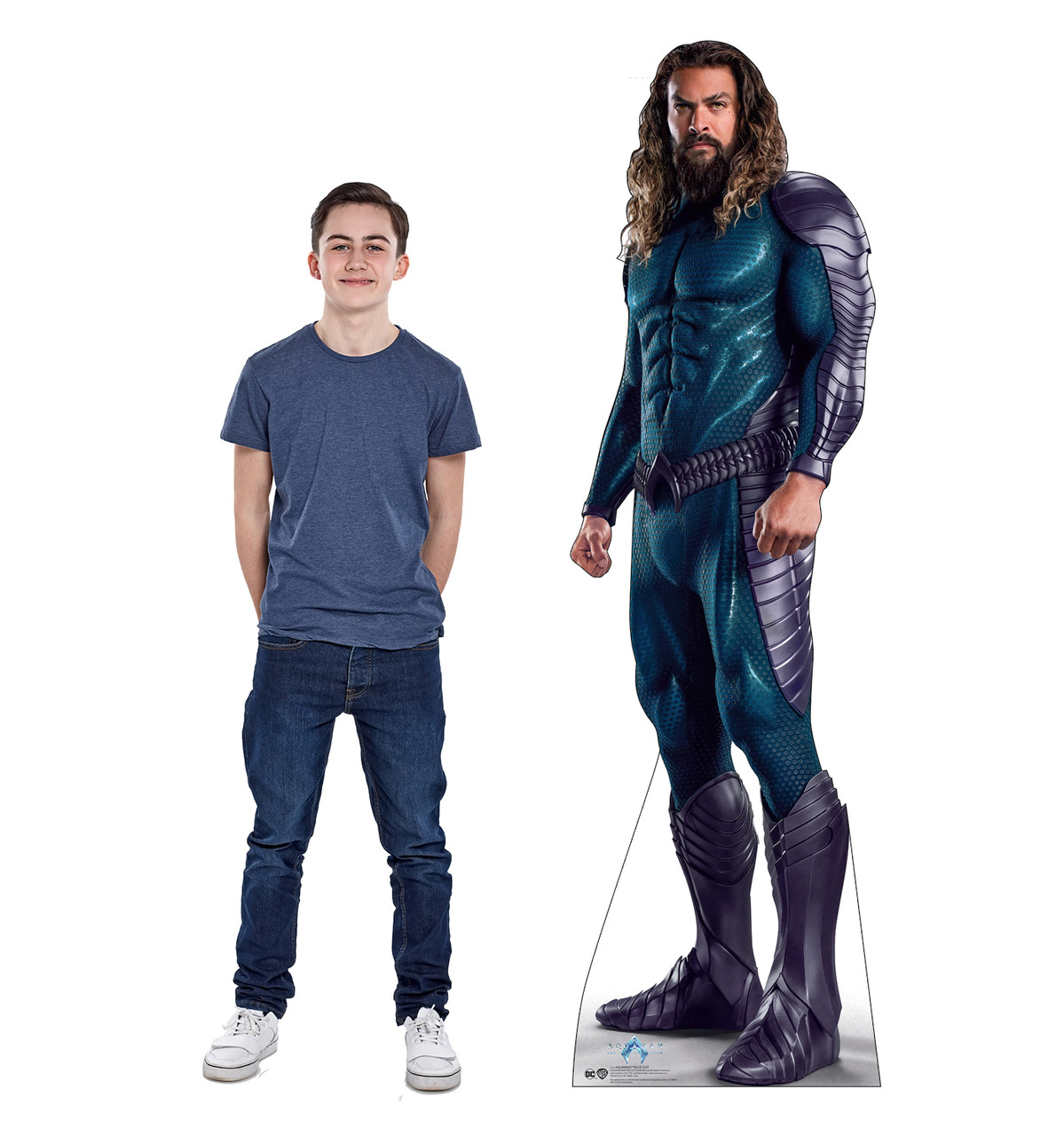 Life-size cardboard standee of Aquaman Blue Suit with model.