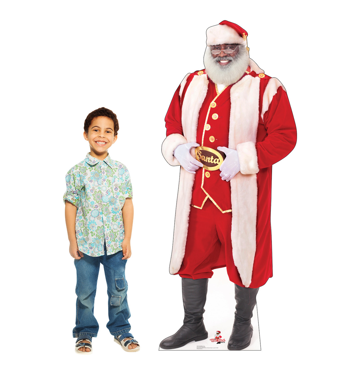 Life-size cardboard standee of The Real Black Santa with model.