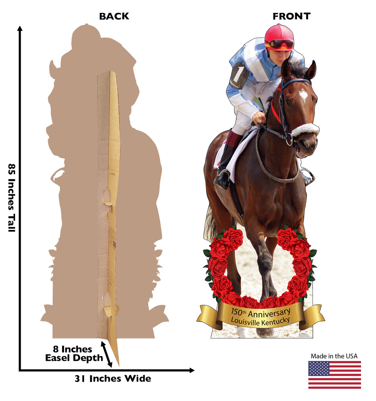 Life-size cardboard standee of a Horse & Jockey 150 yr. Anniversary with back and front dimensions.