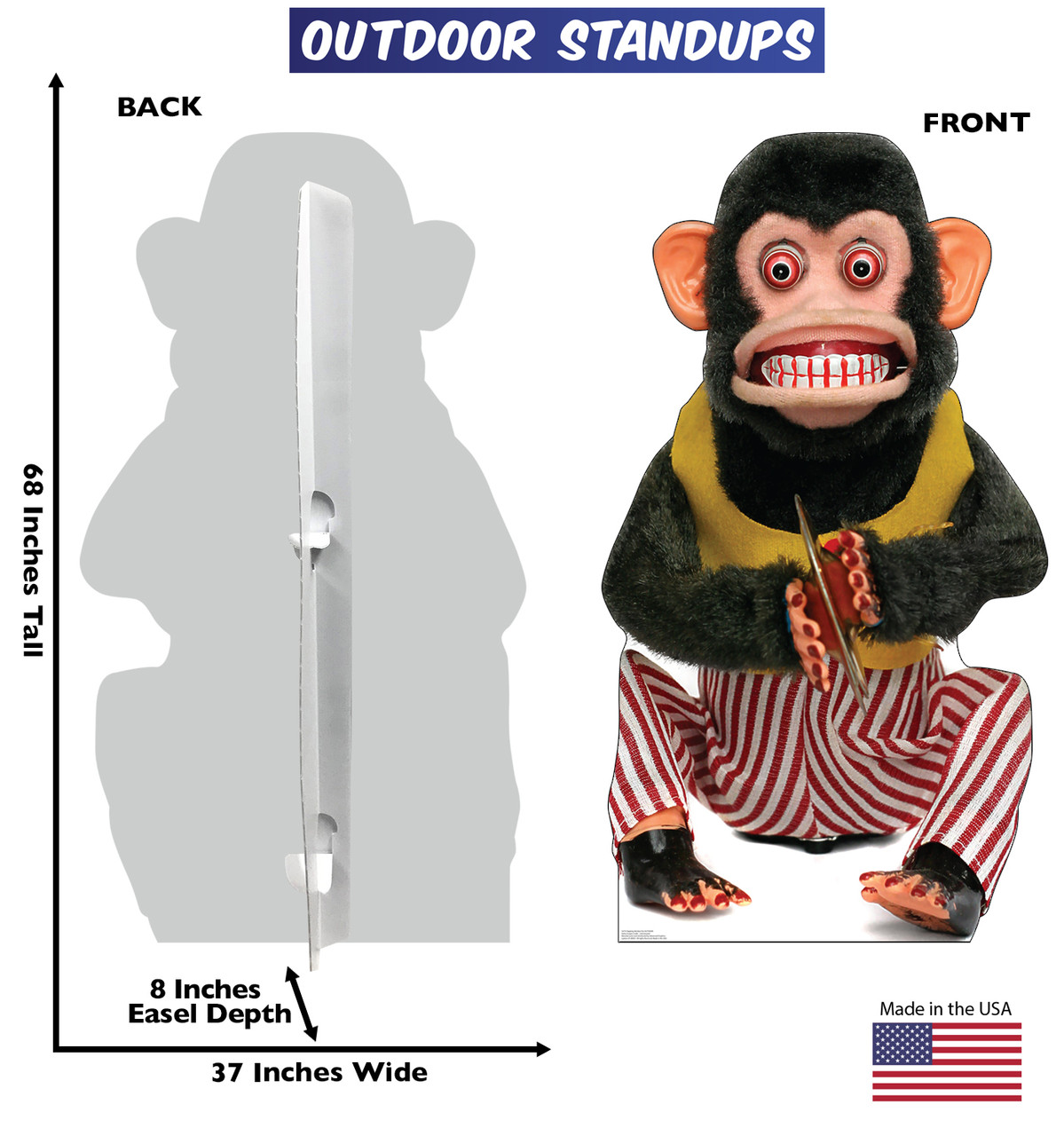 Clapping Monkey Outdoor Standee with Front and Back Dimensions.