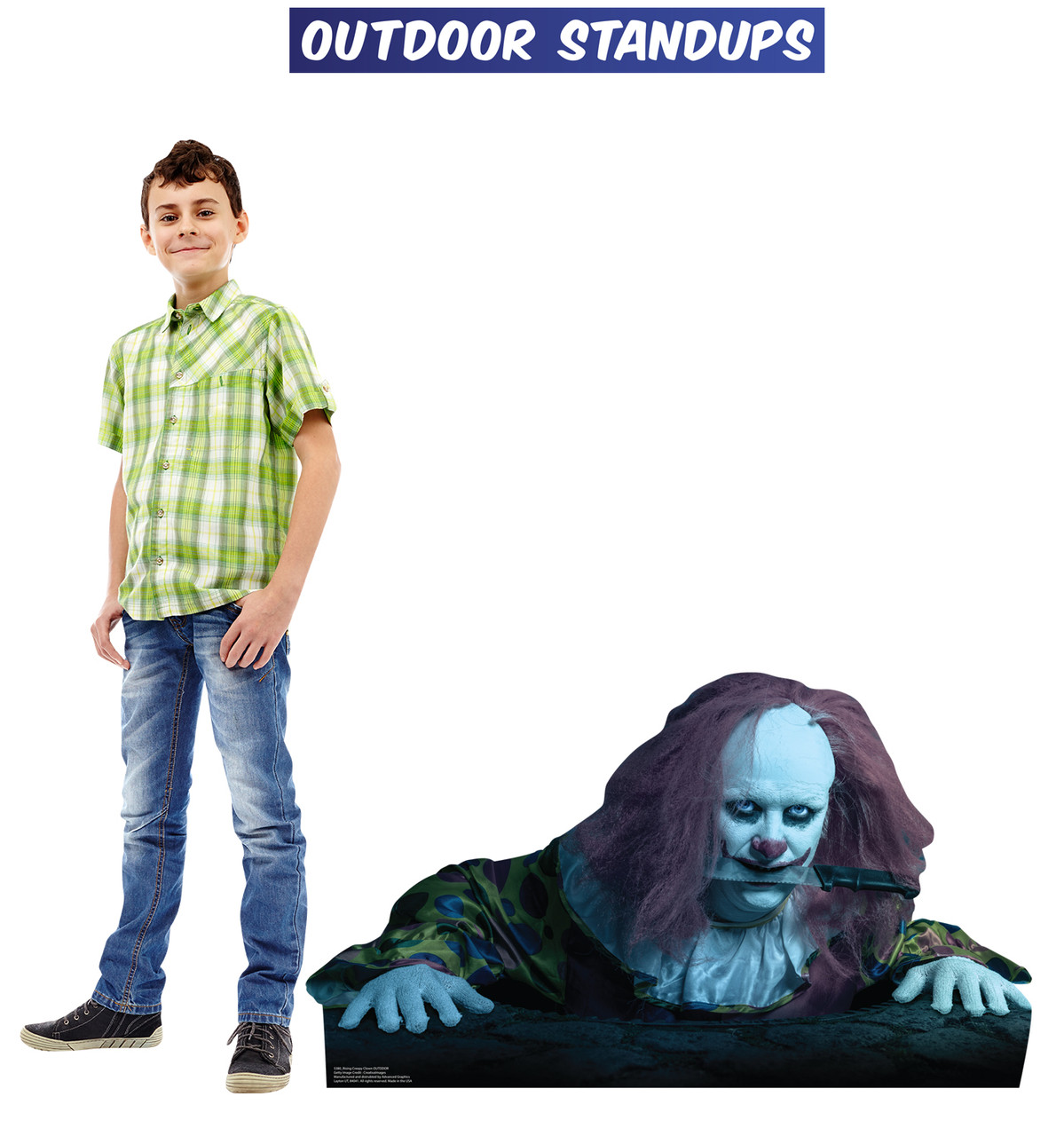 Rising Creepy Clown Outdoor Standee with model.
