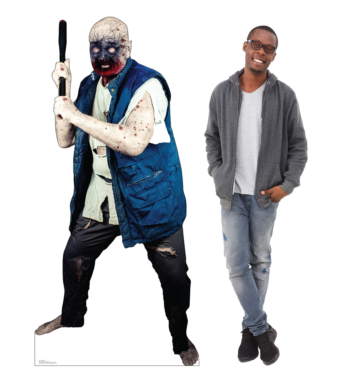 Life-size cardboard standee of a Zombie Killer with back and front dimensions.