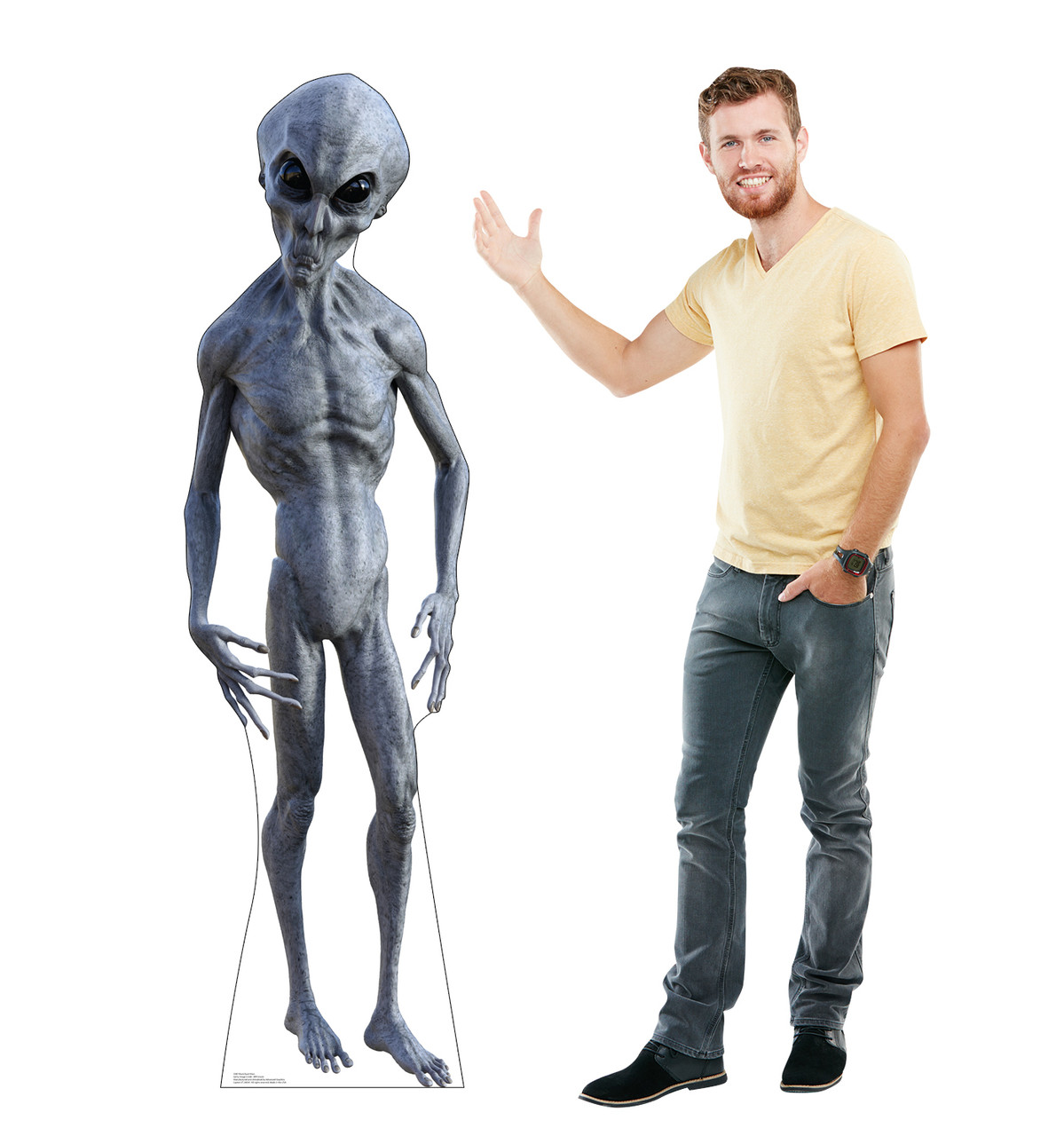Life-size cardboard standee of a Black Eyed Alien with model.