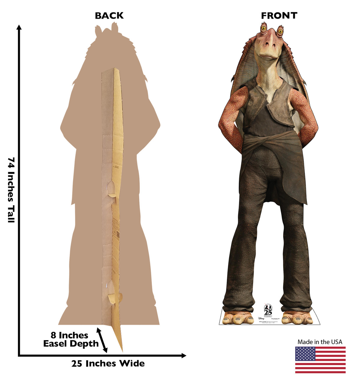 Life-size cardboard standee of Jar Jar Binks™ with back and front dimensions.