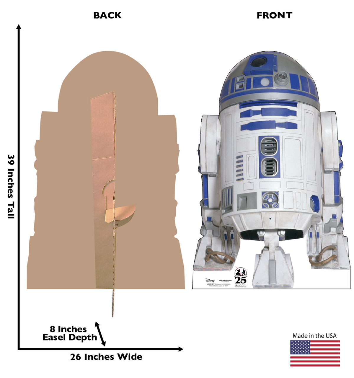 Life-size cardboard standee of R2-D2™ with back and front dimensions.