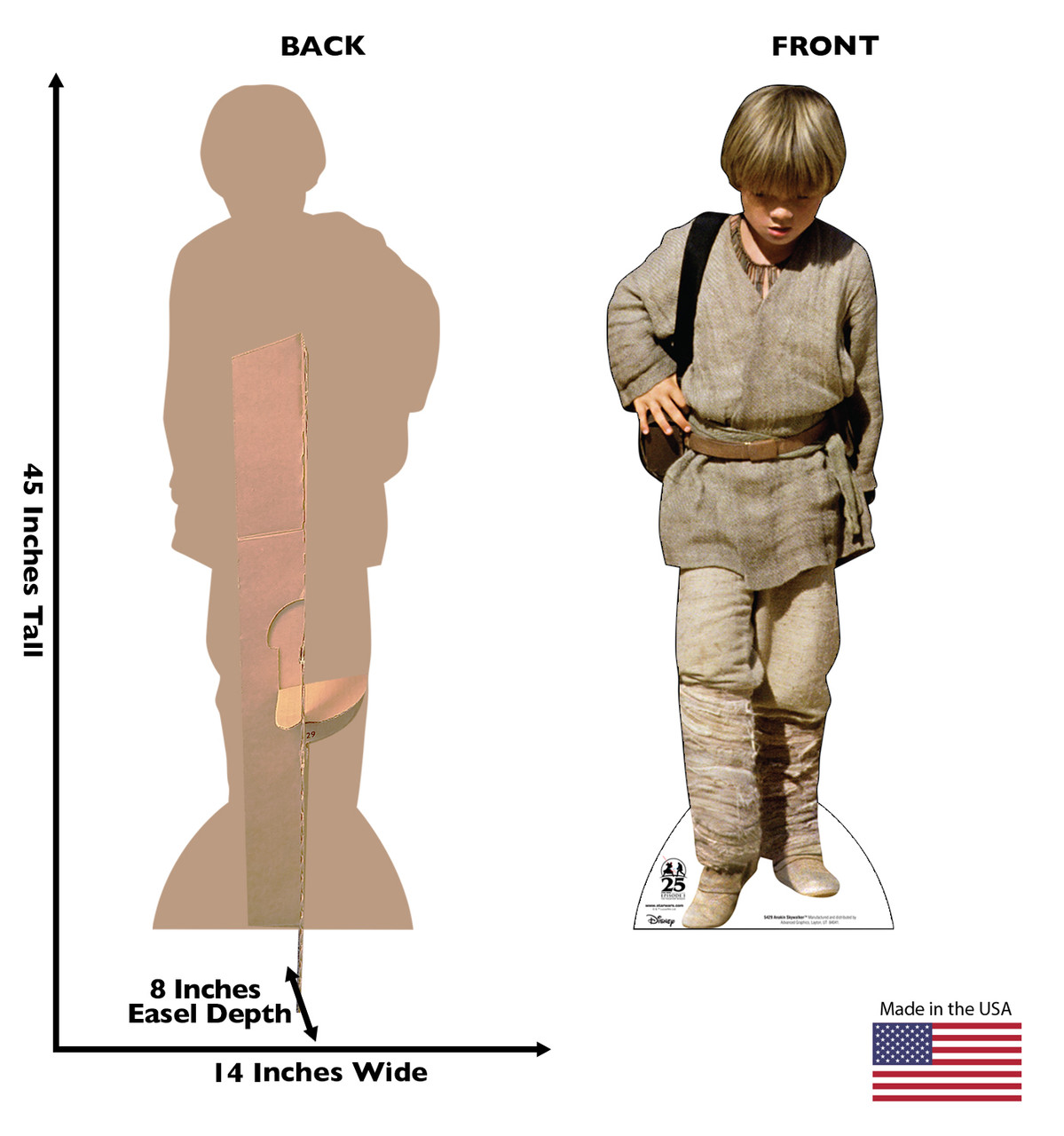 Life-size cardboard standee of Anakin Skywalker™ with back and front dimensions.