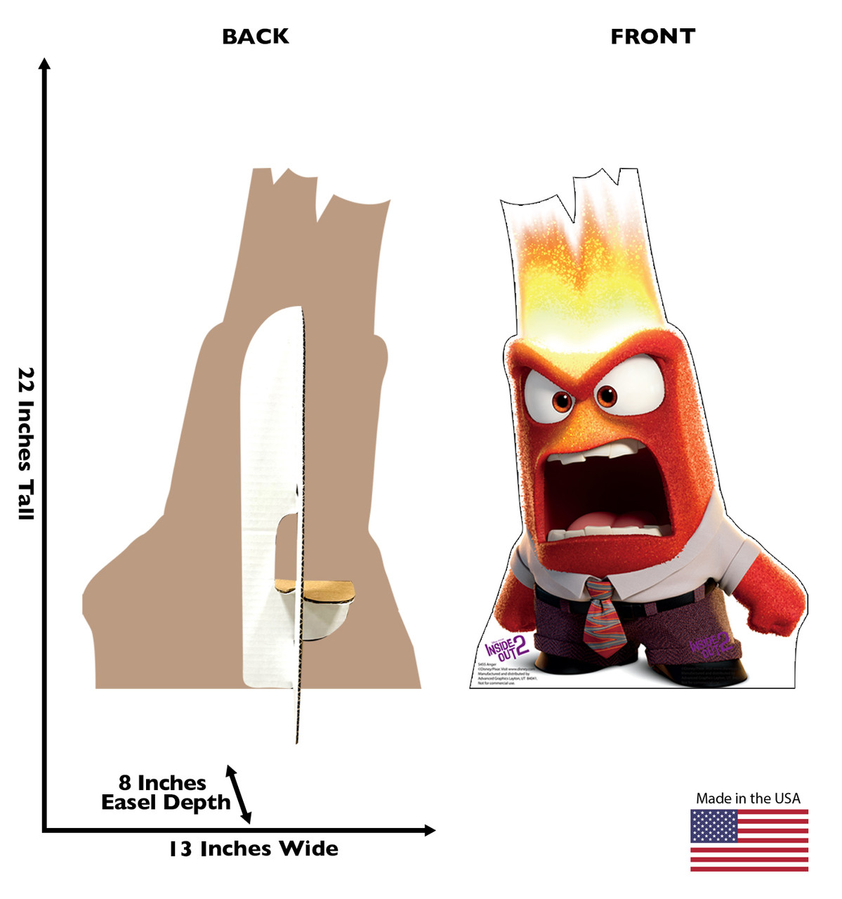 Life-size cardboard standee of Anger from Inside Out 2 with back and front dimensions.