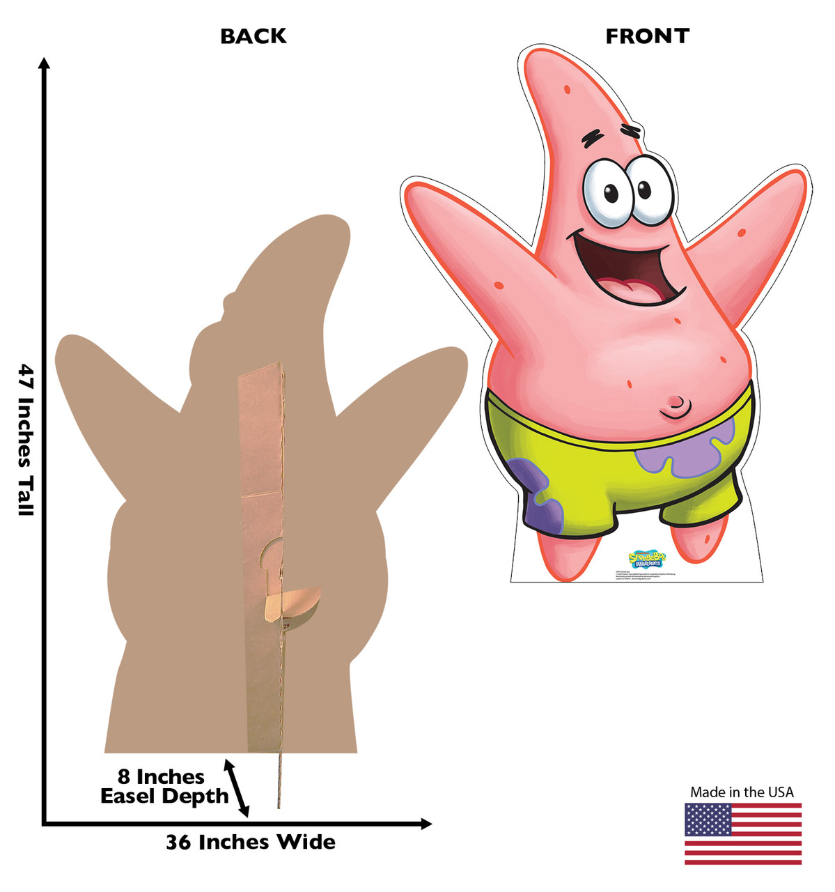 Life-size cardboard standee of Patrick Star with back and front dimensions.