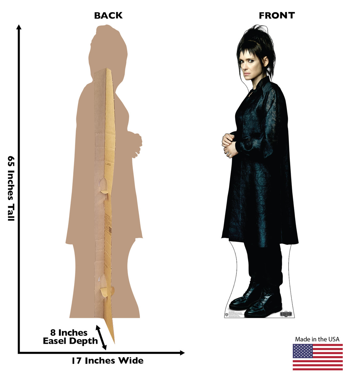 Life-size cardboard standee of Lydia Deetz with back and front dimensions.