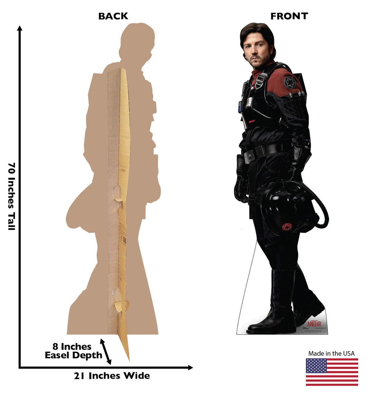 Life-size Cardboard standee of Cassian Andor (Sienar Test Pilot) with back and front dimensions.