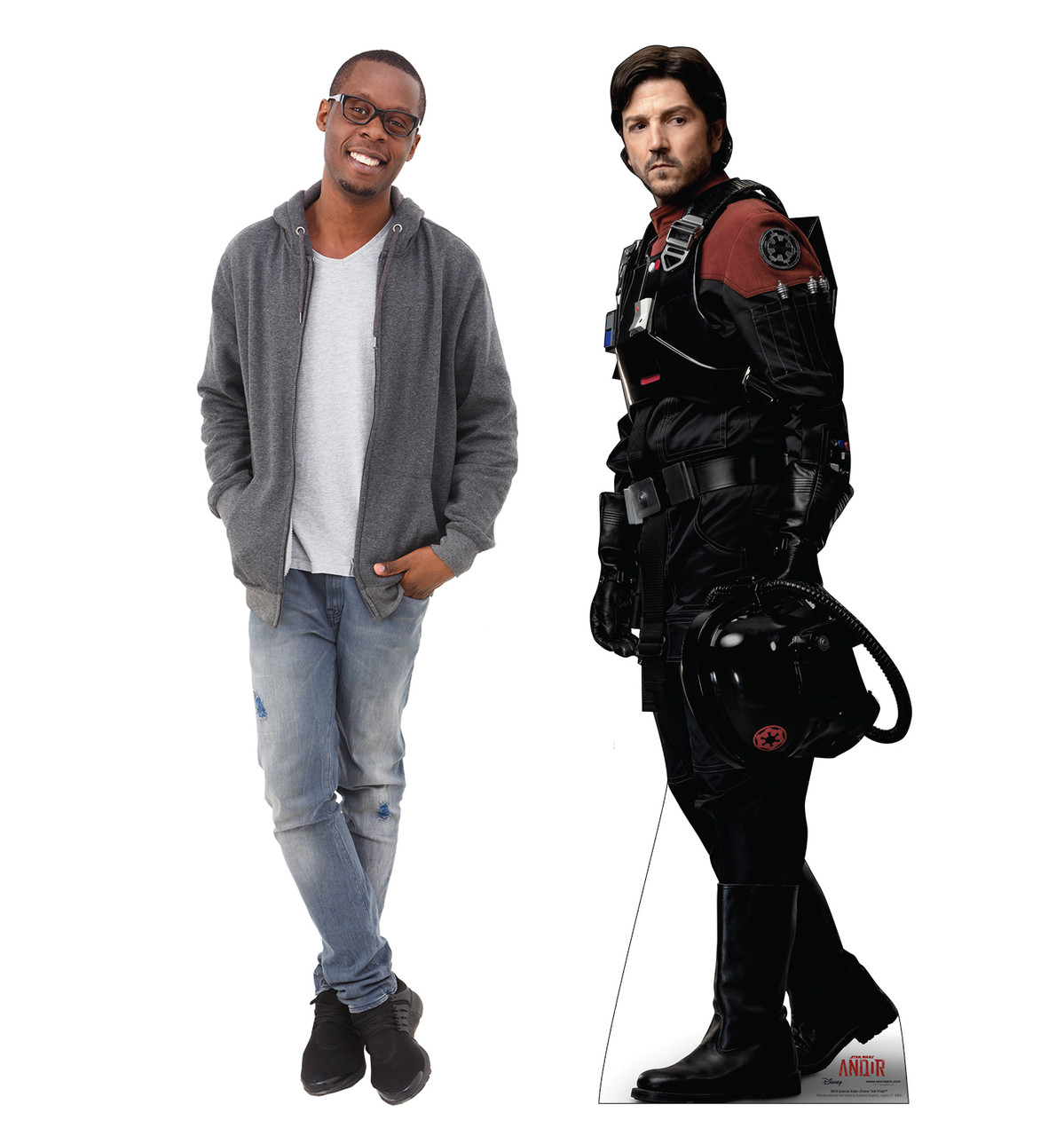 Life-size Cardboard standee of Cassian Andor (Sienar Test Pilot) with model.