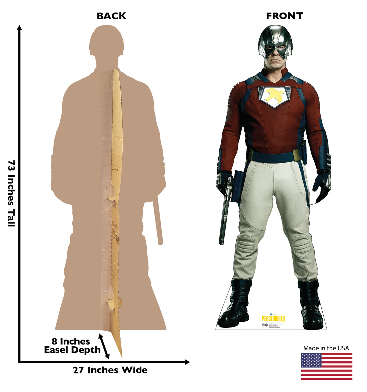 Life-size Cardboard standee of Peacemaker Helmet with back and front dimensions.