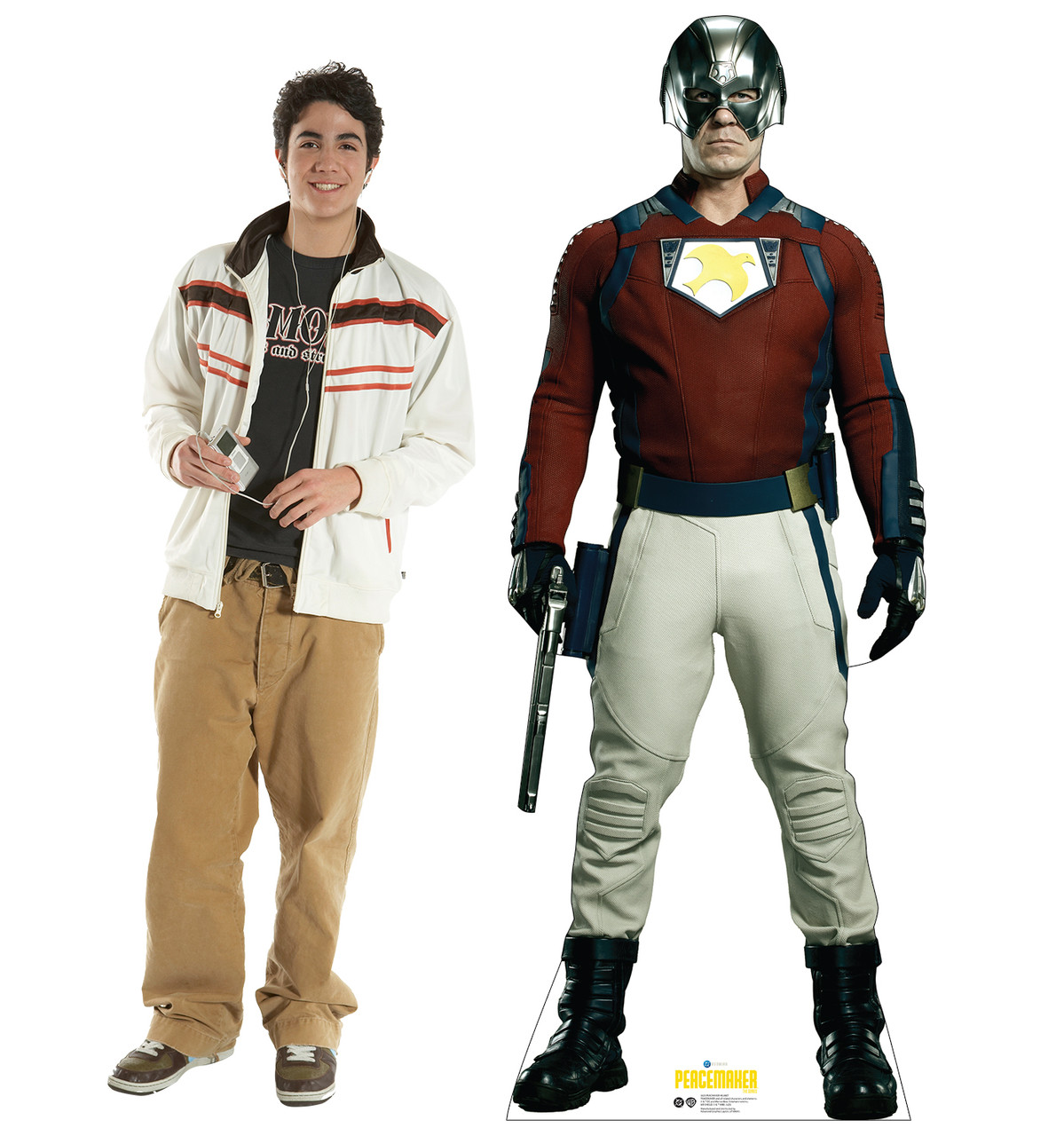 Life-size Cardboard standee of Peacemaker Helmet with model.