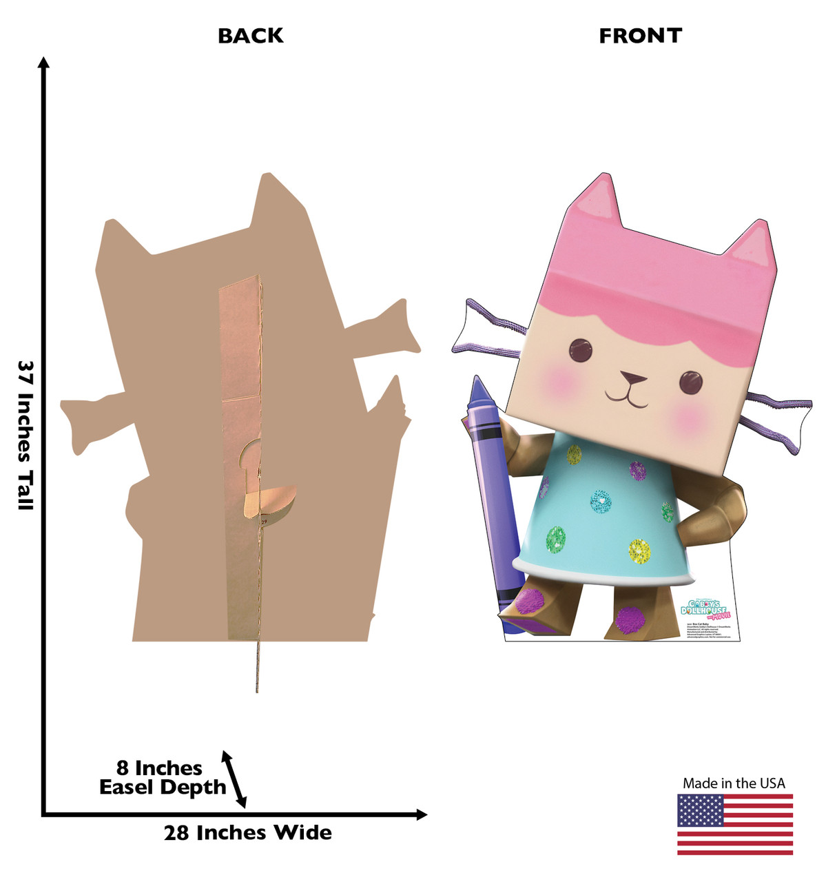 Life-size Cardboard standee of Box Cat Baby with back and front dimensions. Life-size Cardboard standee of Box Cat Baby with back and front dimensions.