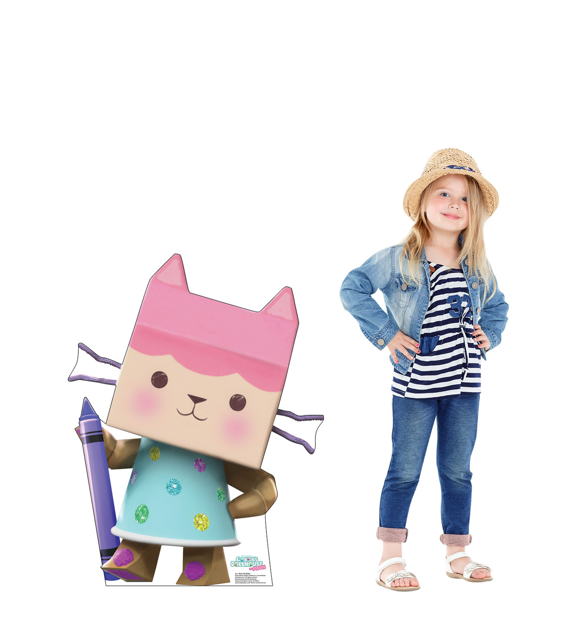 Life-size Cardboard standee of Box Cat Baby with model. Life-size Cardboard standee of Box Cat Baby with model.