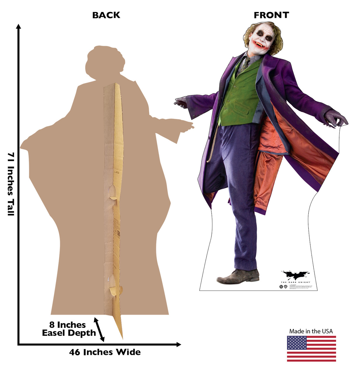 Life-size Cardboard standee of The Joker (The Dark Knight 2008) with back and front dimensions.