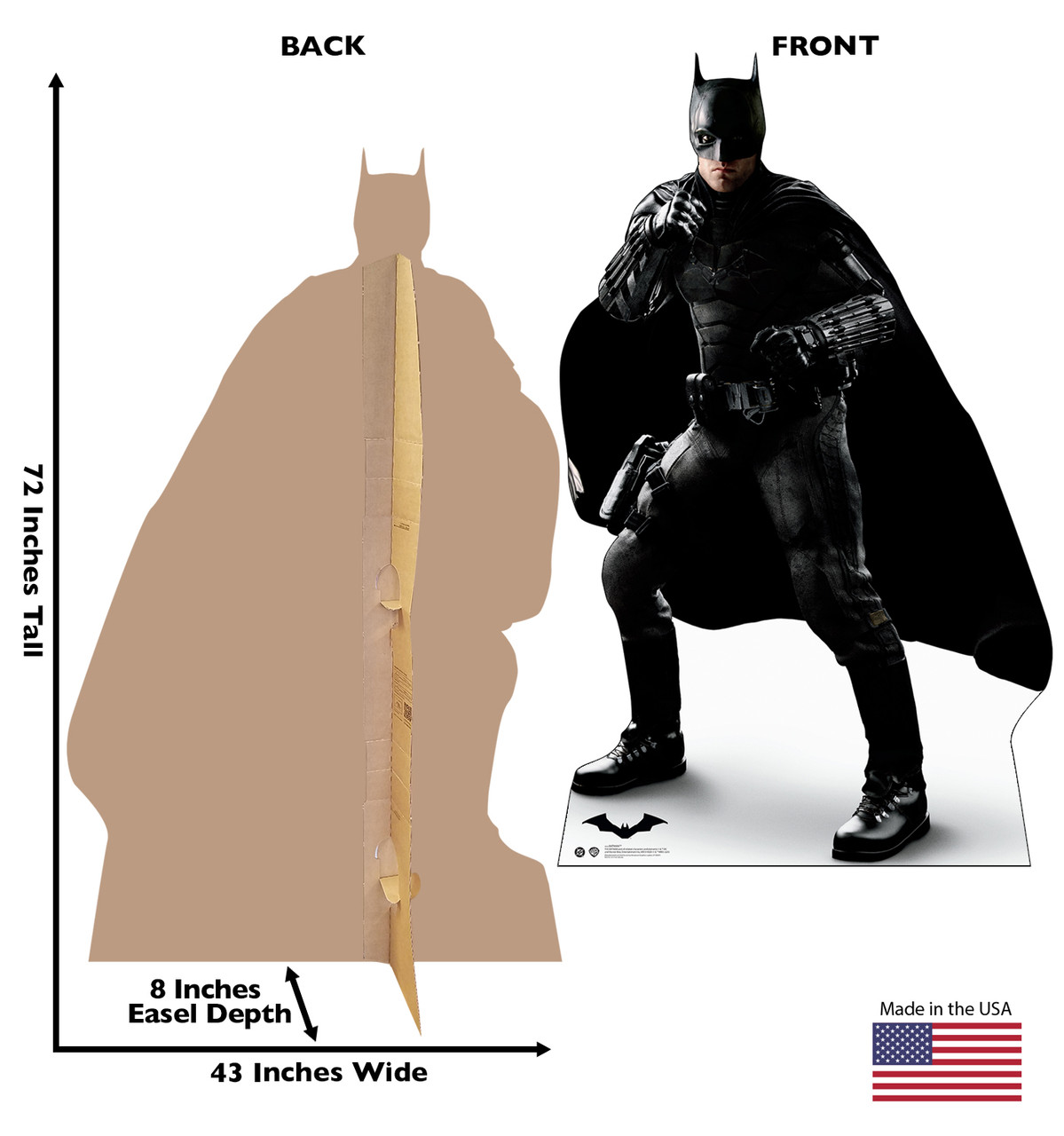 Life-size Cardboard standee of Batman (The Batman Movie 2022) with back and front dimensions.