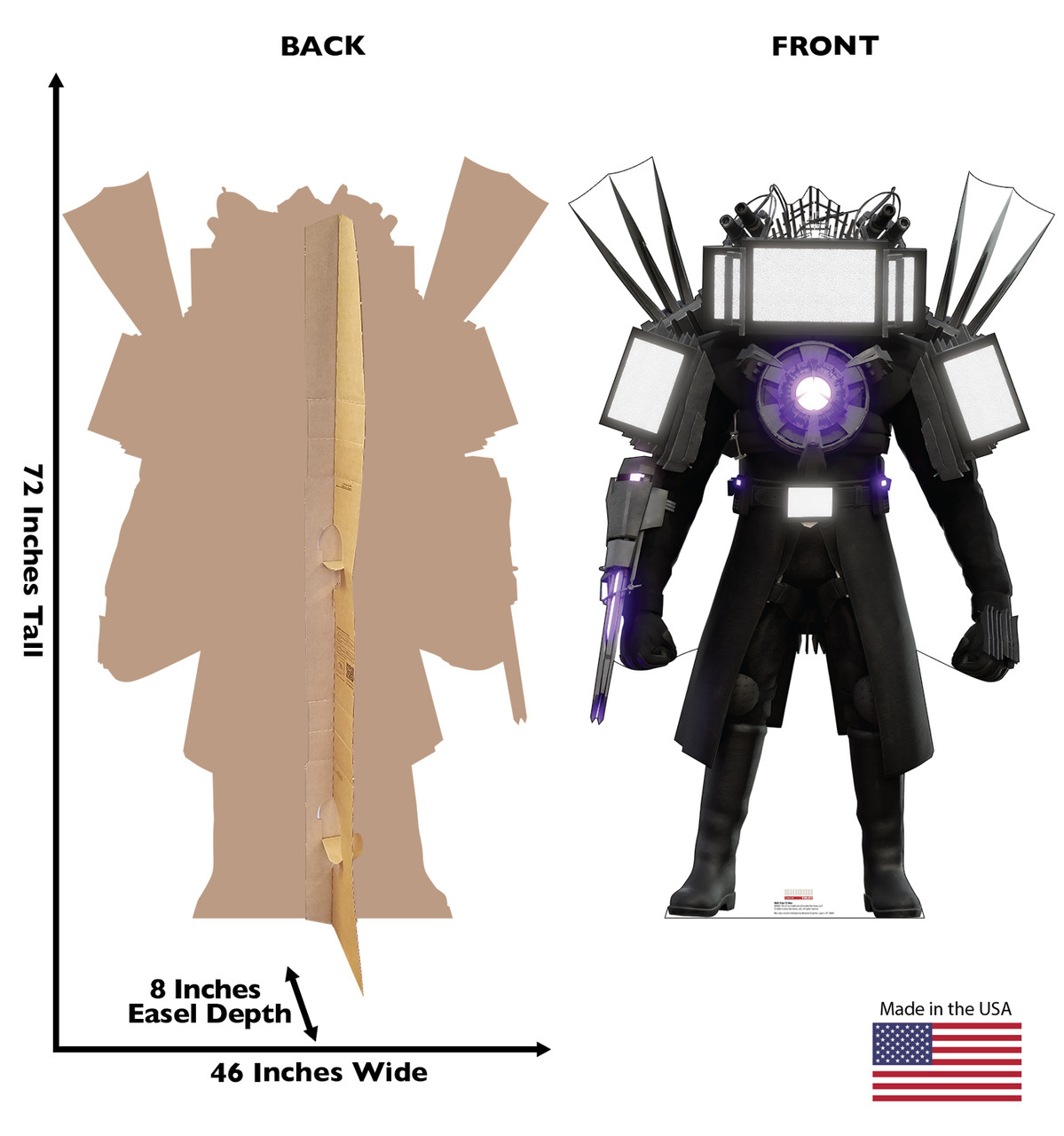 Life-size Cardboard standee of Titan TV Man (Skibidi Toilet) with back and front dimensions.