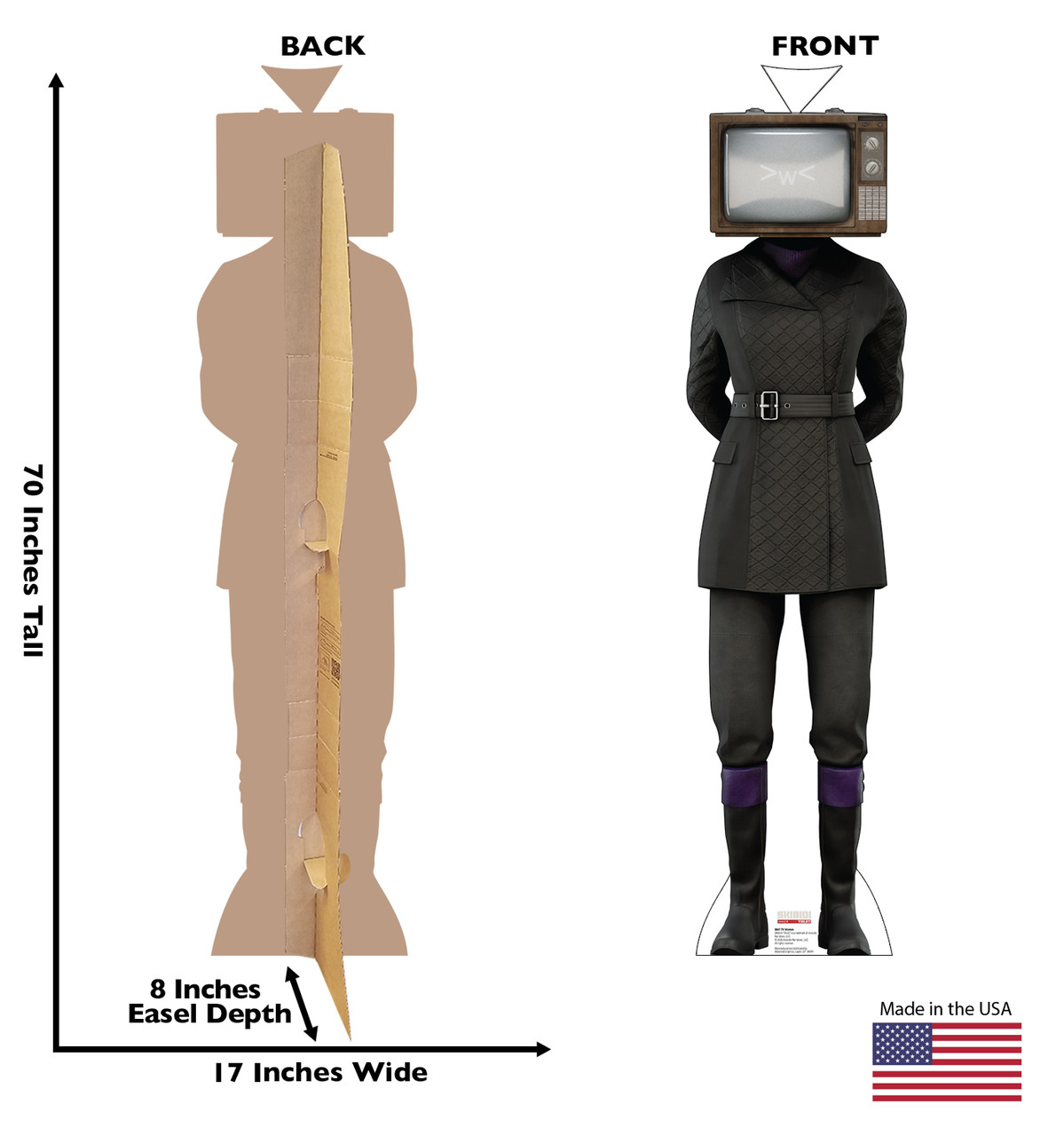 Life-size Cardboard standee of TV Woman (Skibidi Toilet) with back and front dimensions.