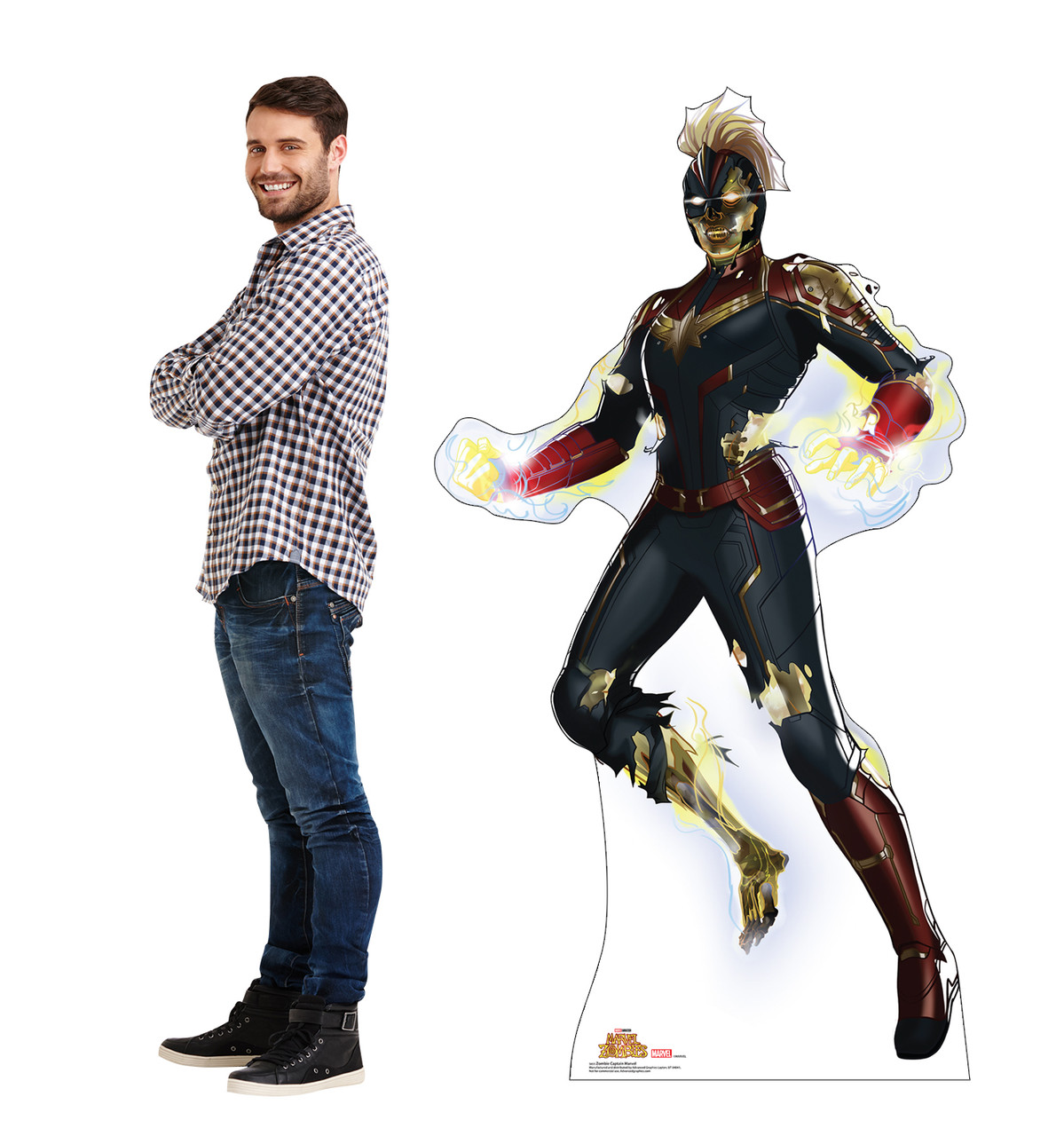 Life-size Cardboard standee of Zombie Captain Marvel with model.