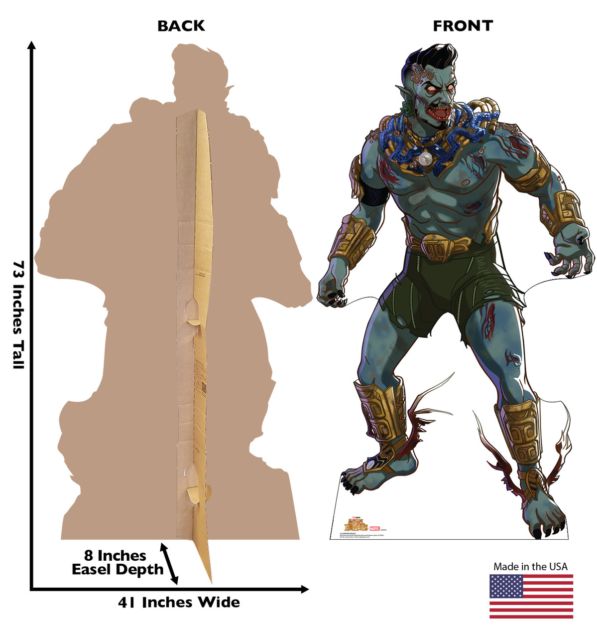 Life-size Cardboard standee of Zombie Namor with back and front dimensions.