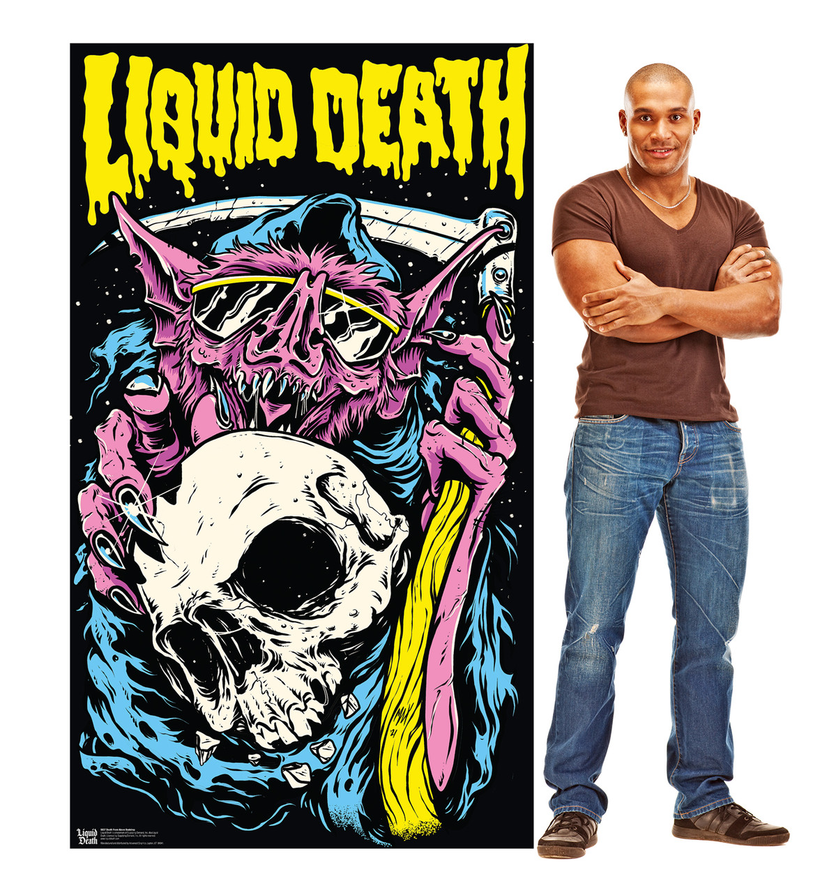 Life-size Cardboard standee of Death from Above Backdrop with model.