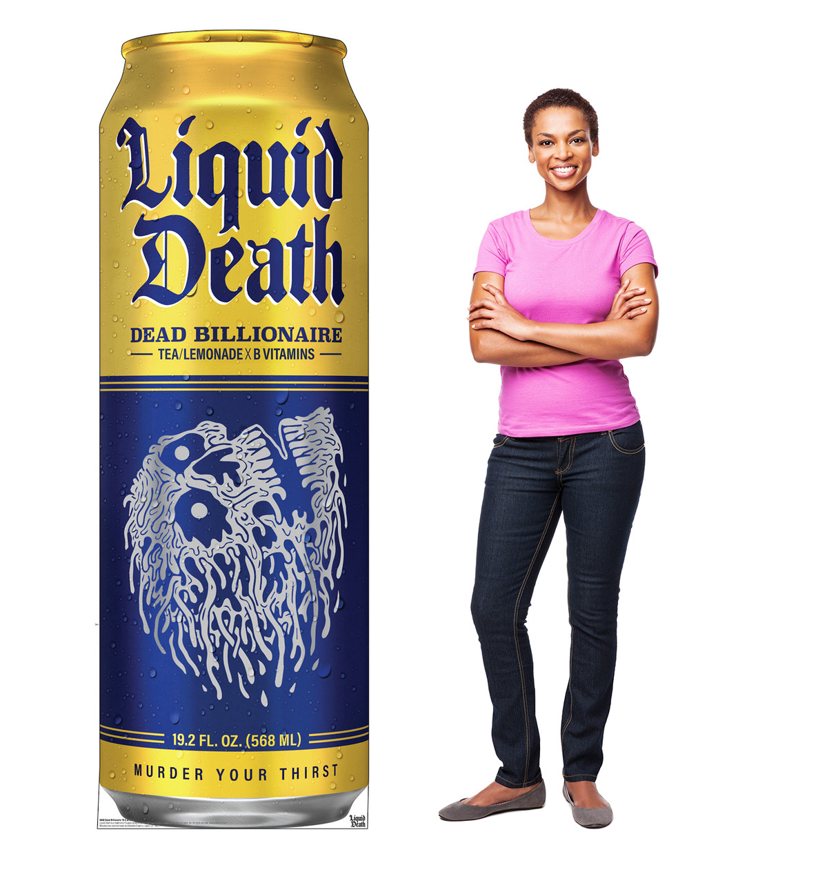 Life-size Cardboard standee of Dead Billionaire 19oz Can with model.