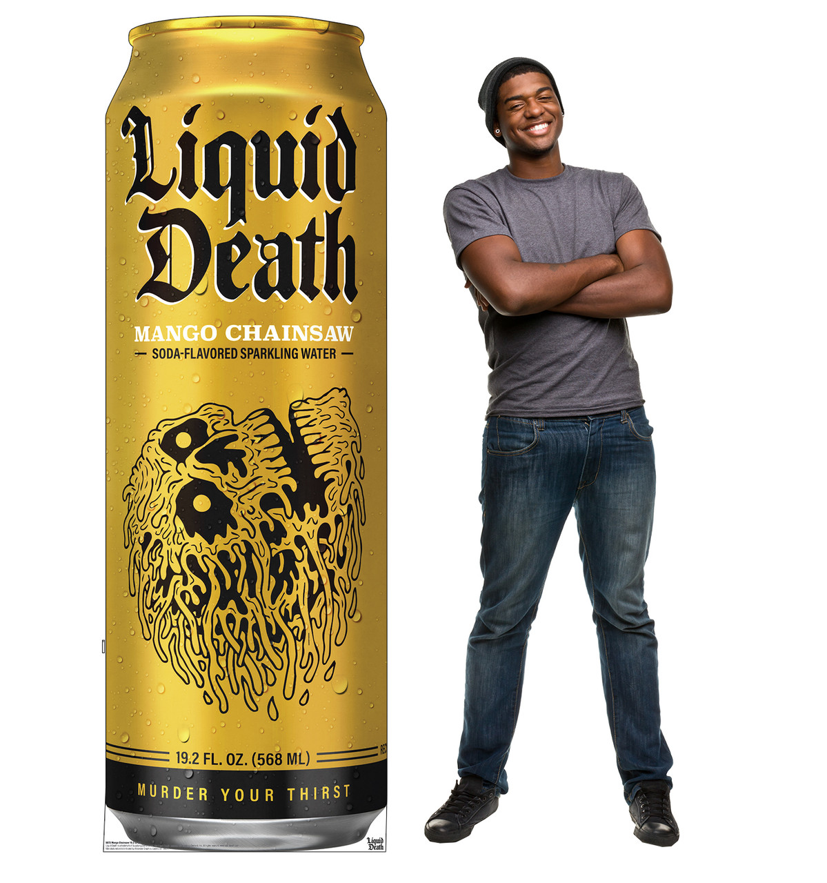 Life-size Cardboard standee of Mango Chainsaw 19oz Can with model.