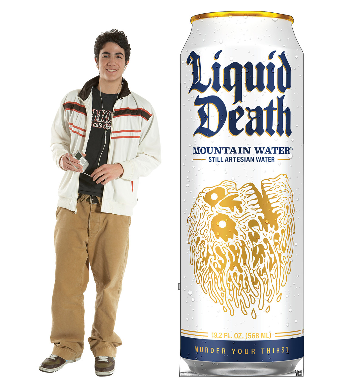 Life-size Cardboard standee of Mountain Water 19oz Can with model.