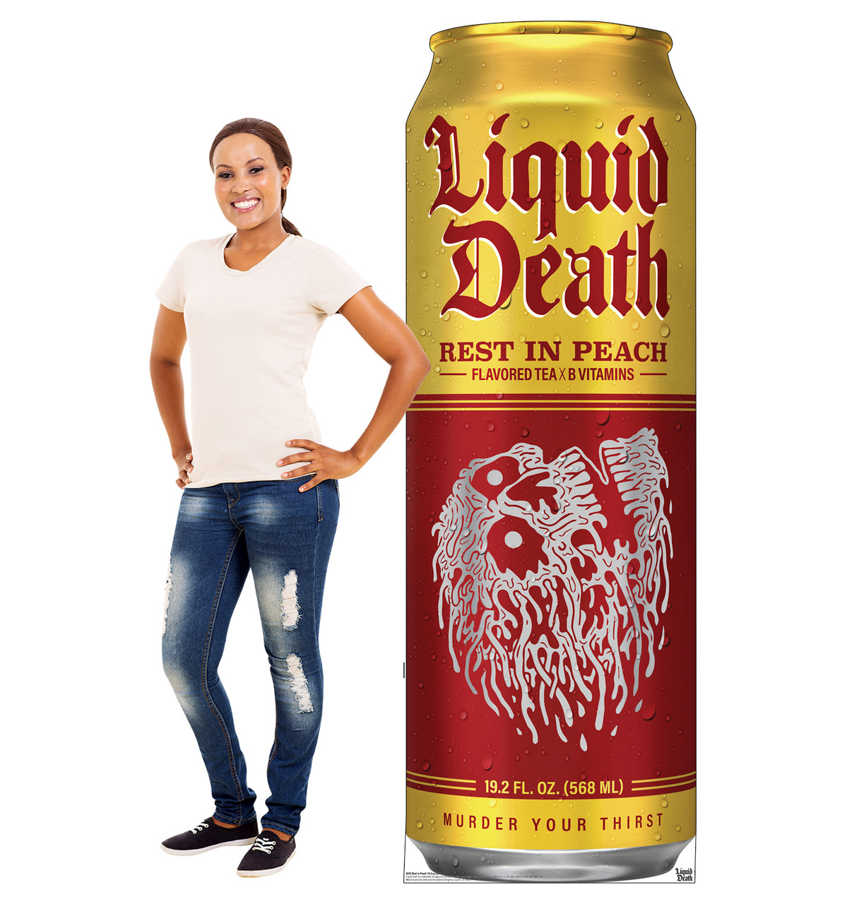 Life-size Cardboard standee of Rest in Peach 19oz Can with model.