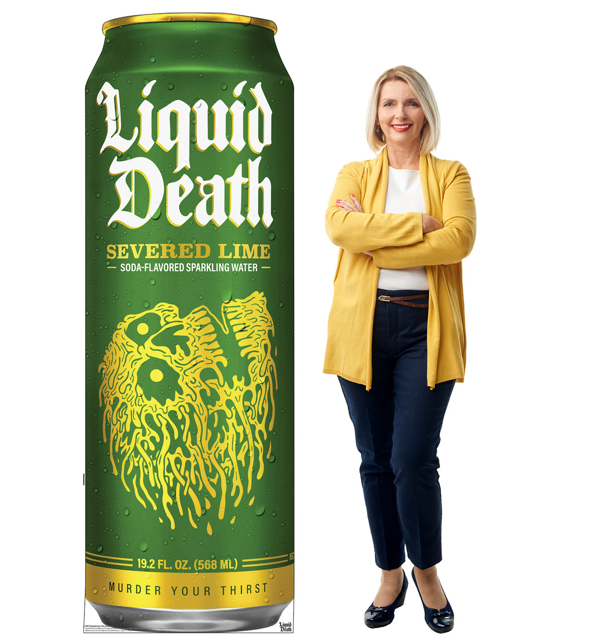 Life-size Cardboard standee of Severed Lime 19oz Can with model.