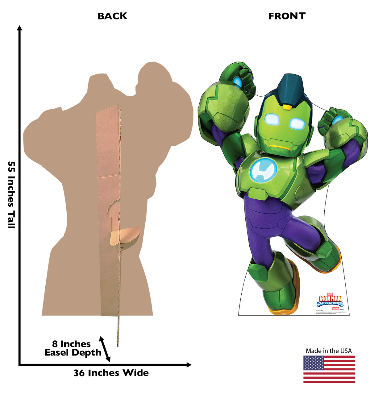 Life-size Cardboard standee of Iron Hulk with back and front dimensions.
