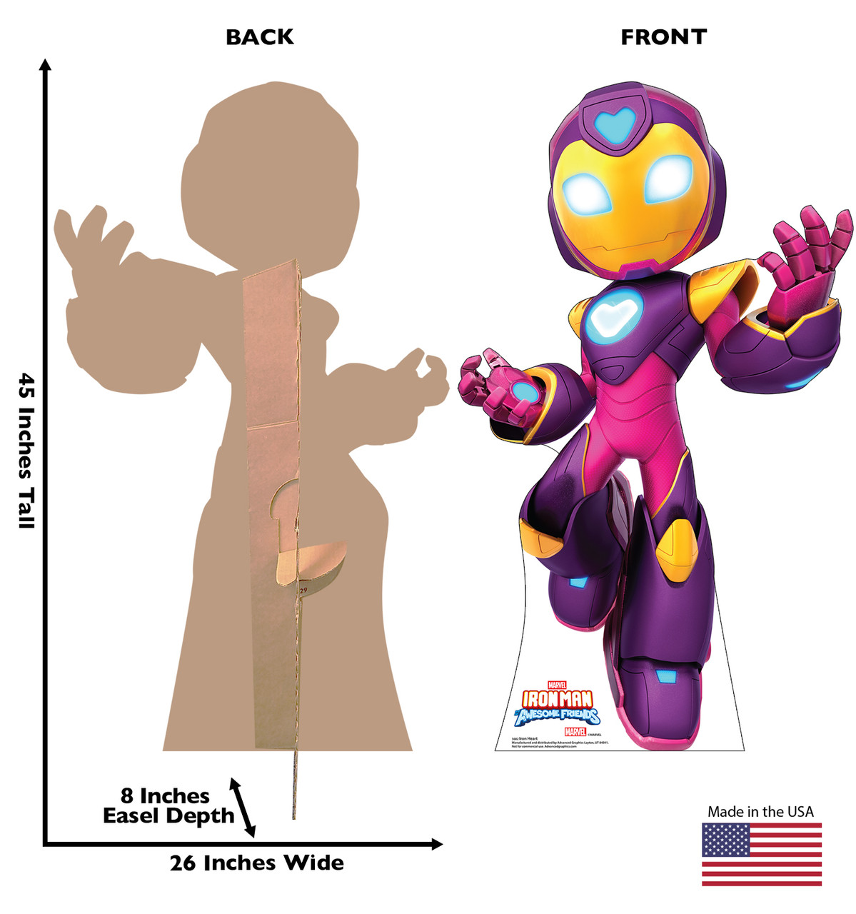 Life-size Cardboard standee of Iron Heart with back and front dimensions.