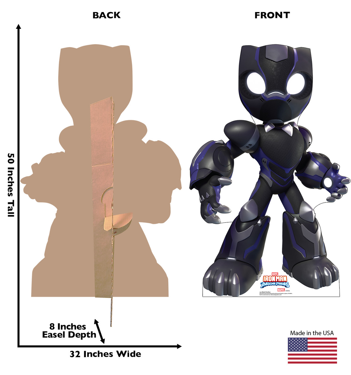Life-size Cardboard standee of Black Panther with back and front dimensions.