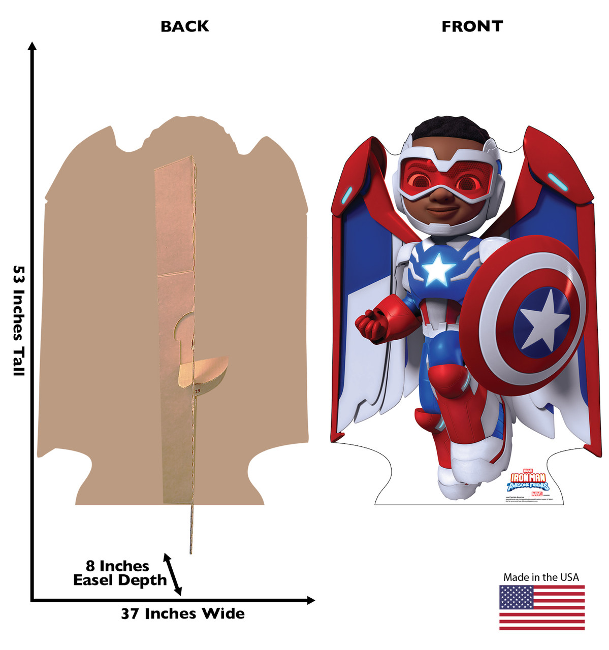 Life-size Cardboard standee of Captain America with back and front dimensions.