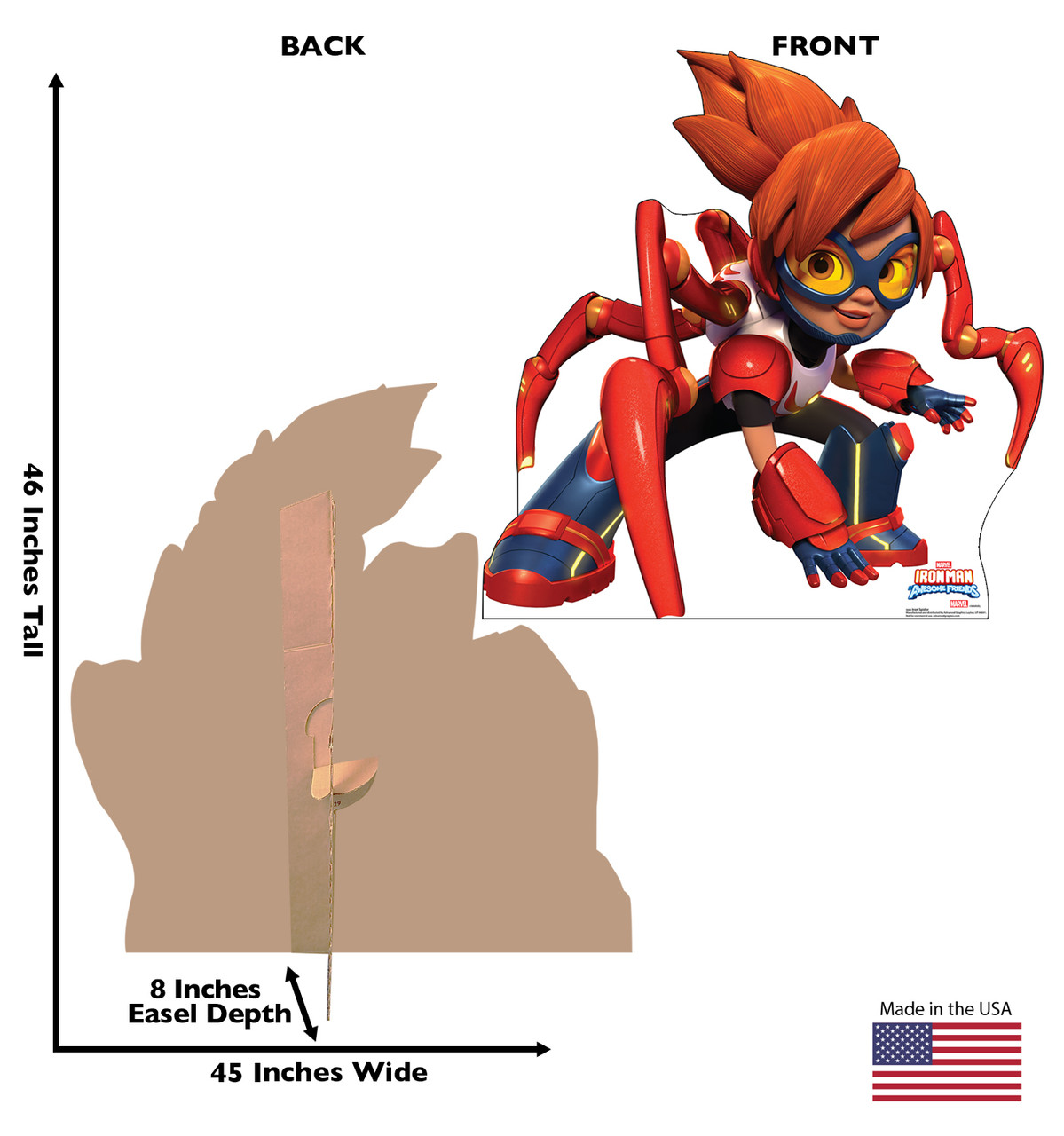 Life-size Cardboard standee of Iron Spider with back and front dimensions.