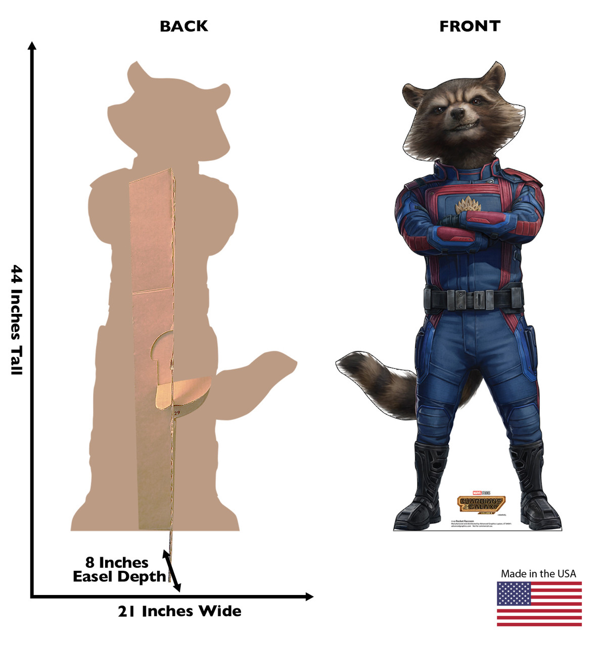 Life-size Cardboard standee of Rocket Raccoon with back and front dimensions.