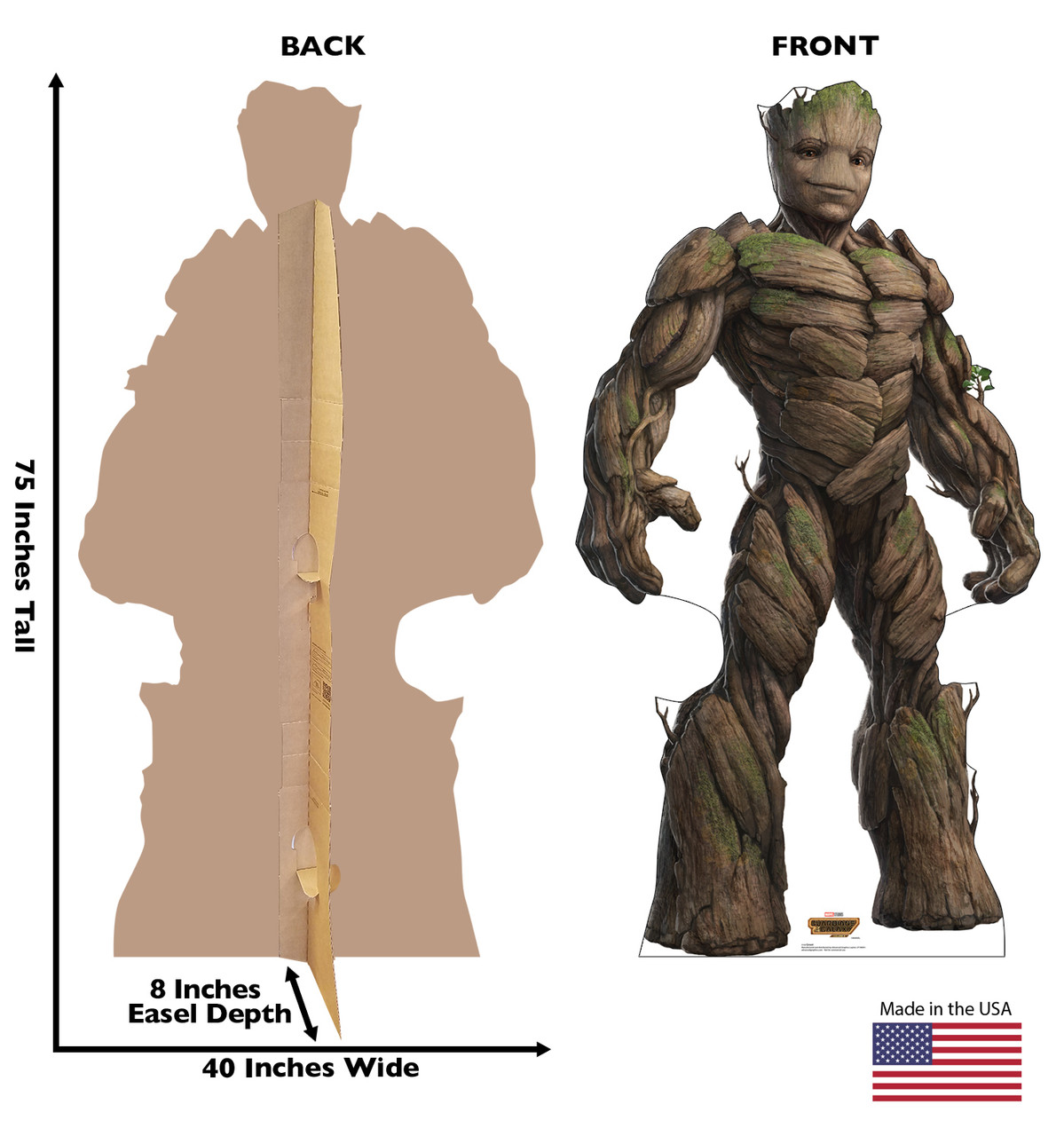 Life-size Cardboard standee of Groot with back and front dimensions.