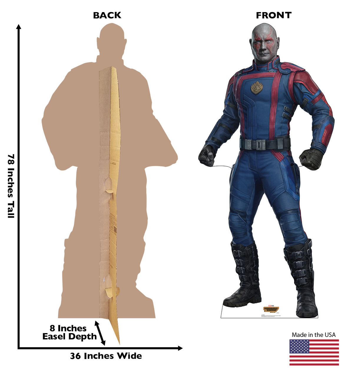 Life-size Cardboard standee of Drax with back and front dimensions.