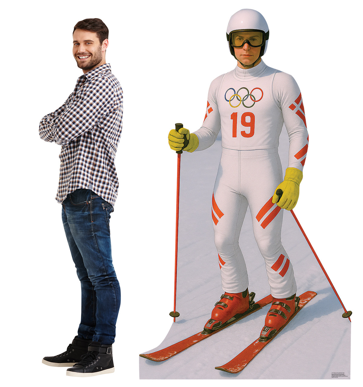 Life-size Cardboard standee of an Olympic Downhill Skier Male with model.
