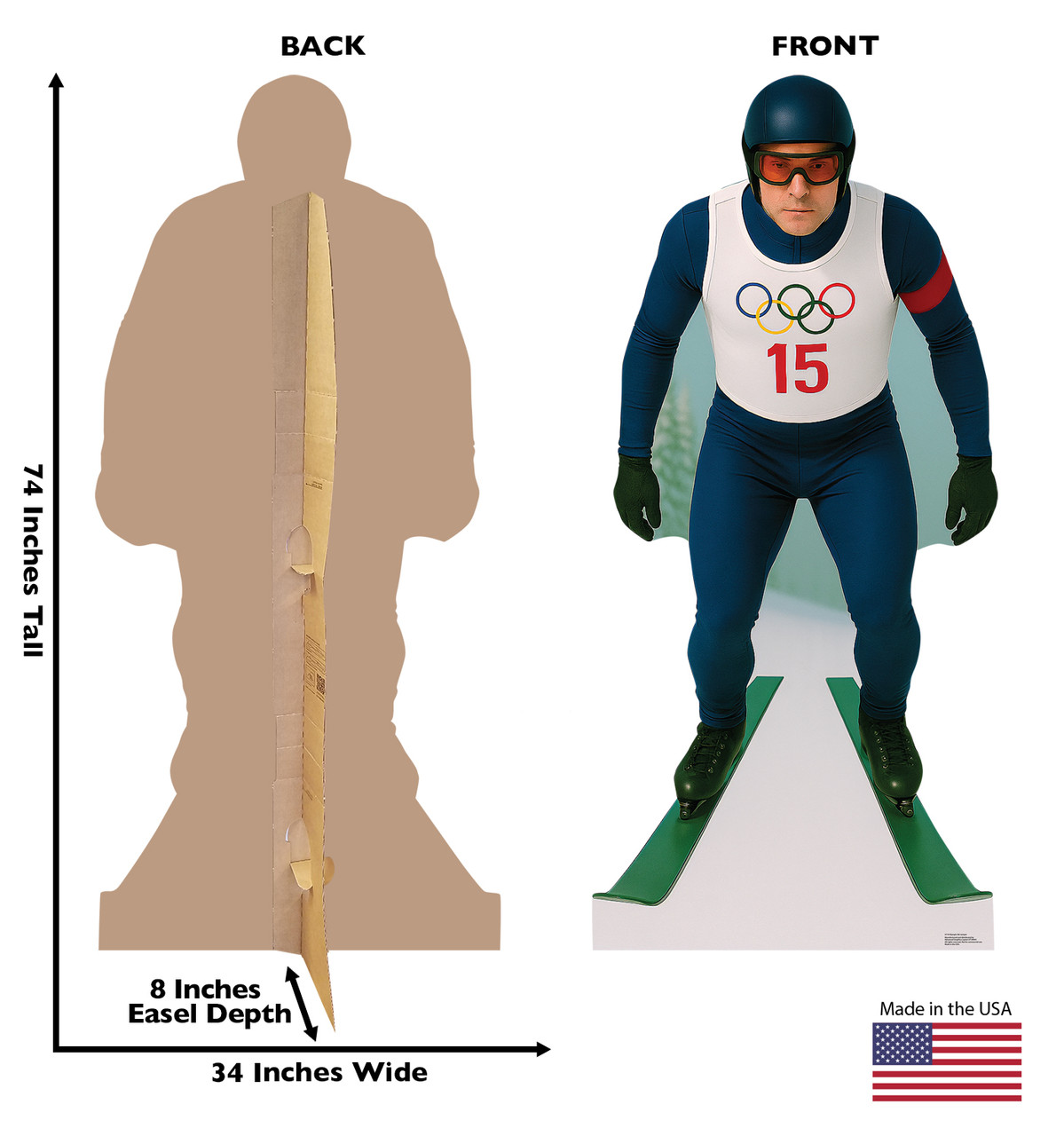 Life-size Cardboard standee of an Olympic Ski Jumper with back and front dimensions.