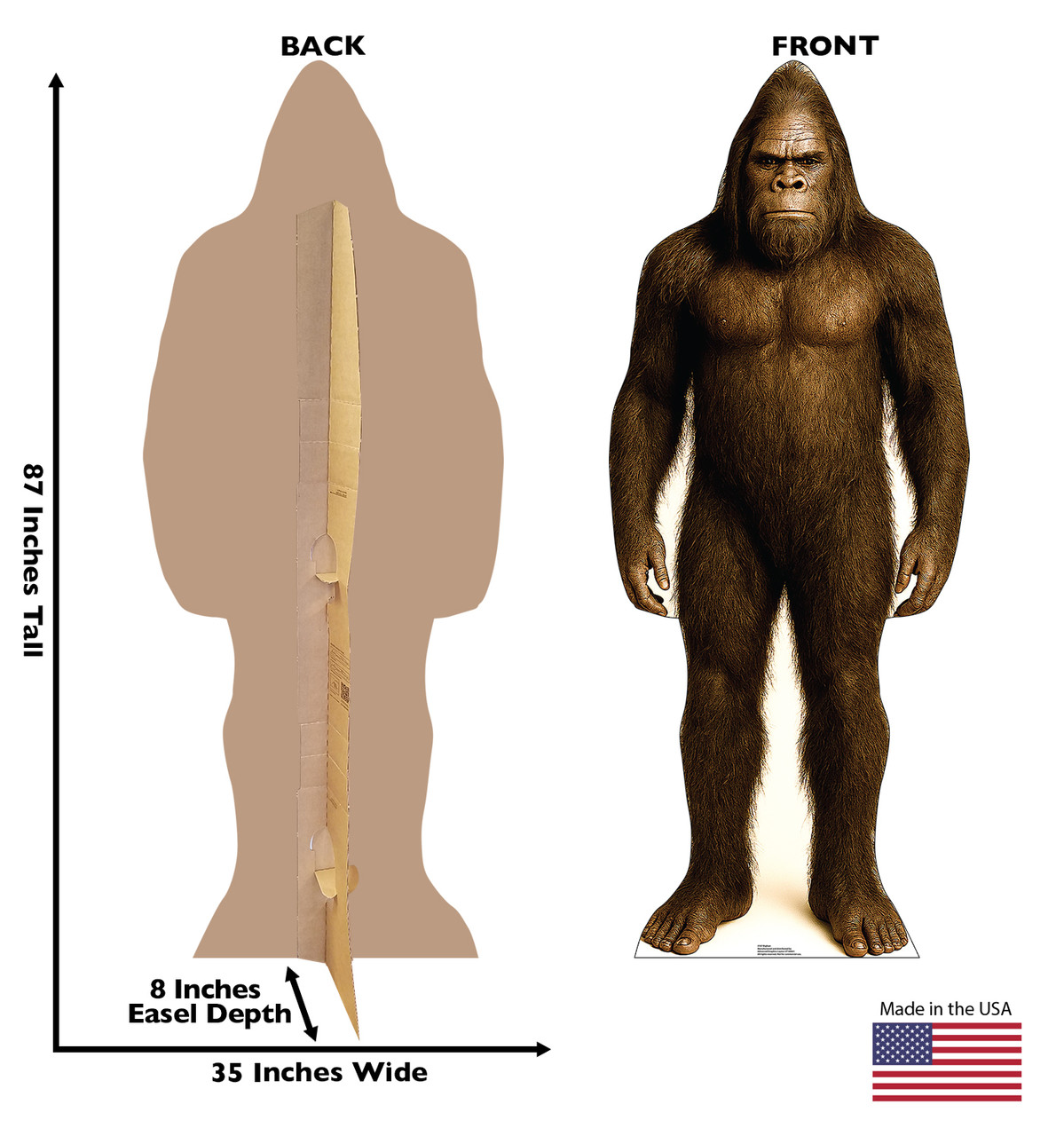 Life-size Cardboard standee of Bigfoot with back and front dimensions.