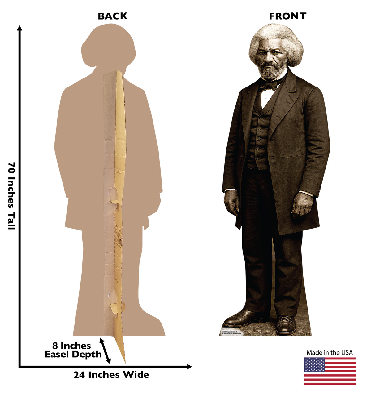Life-size Cardboard standee of Frederick Douglas with back and front dimensions.