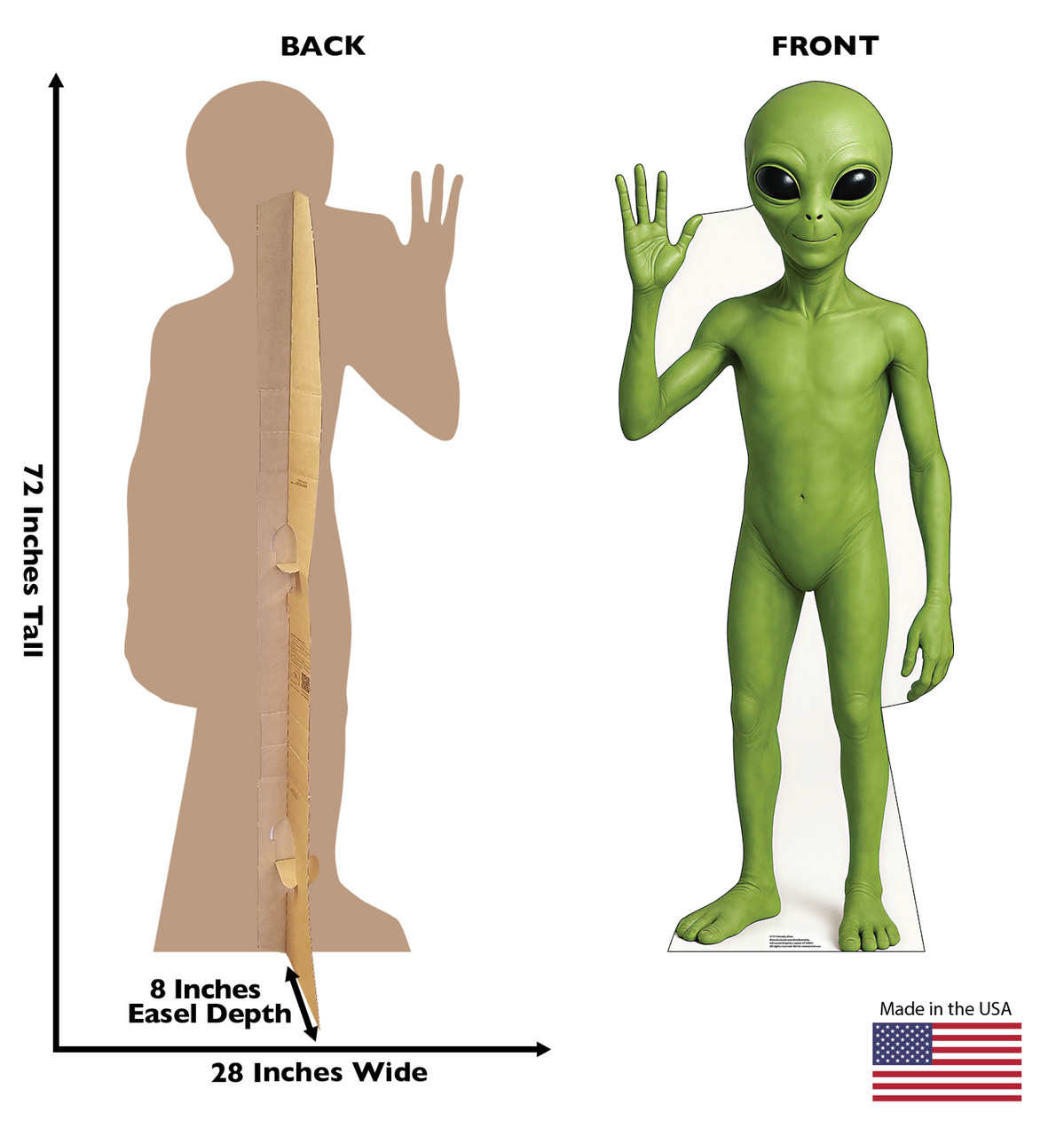 Life-size Cardboard standee of a Friendly Alien with back and front dimensions.