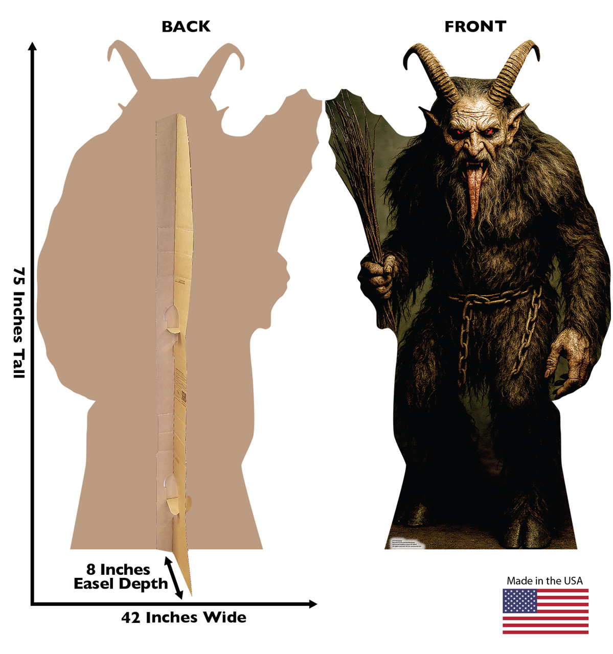 Life-size Cardboard standee of Krampus with back and front dimensions.