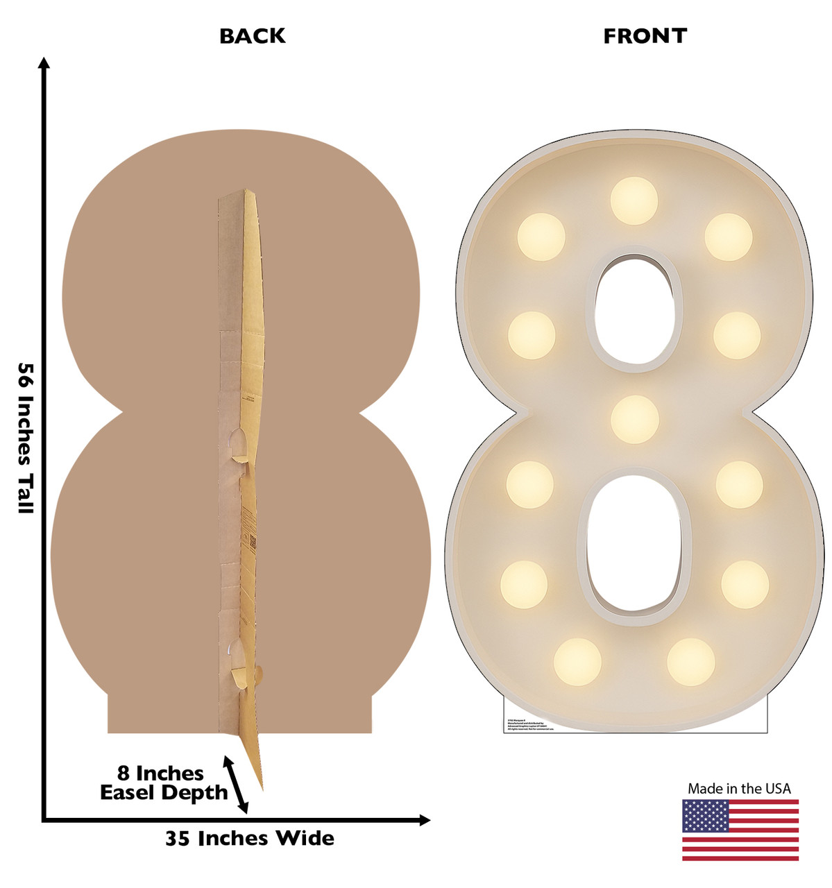 Life-size Cardboard standee of Marquee 8 with back and front dimensions.