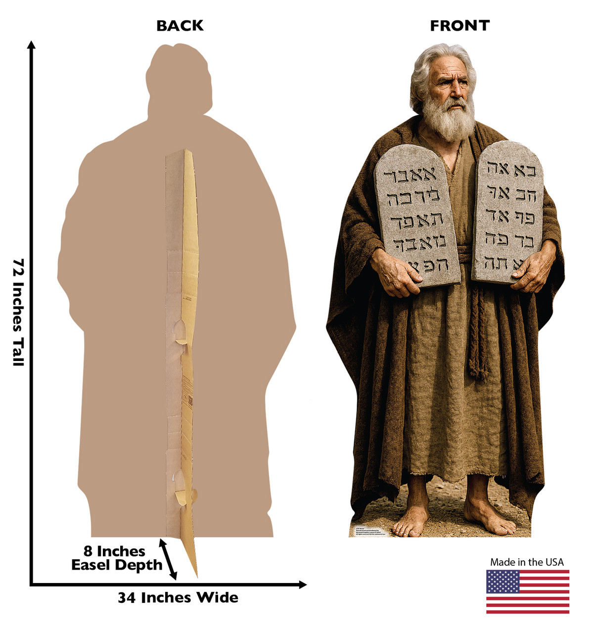 Life-size Cardboard standee of Moses with back and front dimensions.