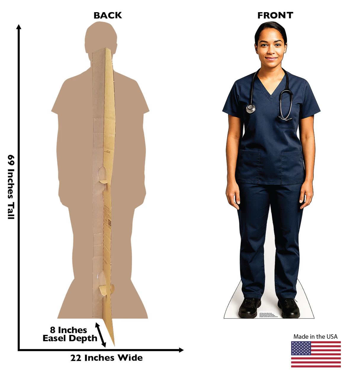 Life-size Cardboard standee of a Nurse Navy Blue Scrubs with back and front dimensions.