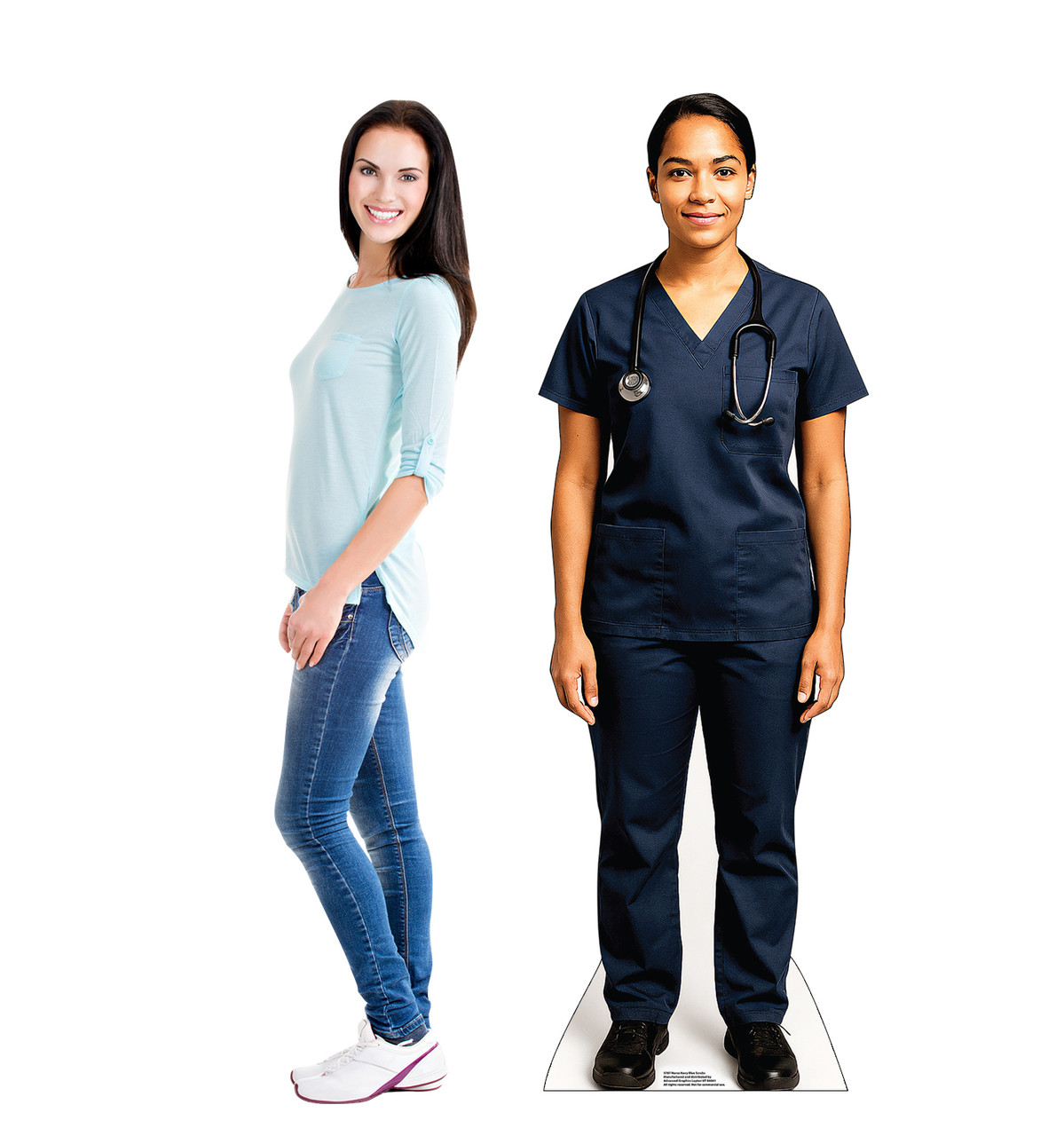 Life-size Cardboard standee of a Nurse Navy Blue Scrubs with model.