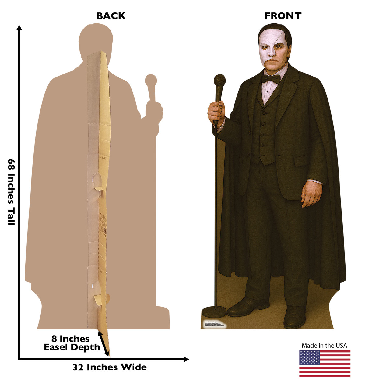Life-size Cardboard standee of Phantom of the Opera with back and front dimensions.